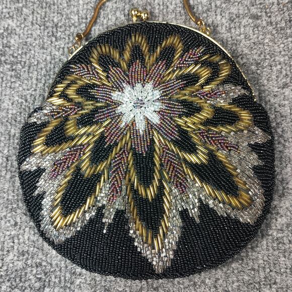 Beaded Evening Bag Womens Black Gold Silver Floral Round Mini Purse - Picture 5 of 8